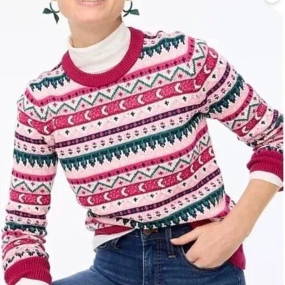 J. CREW Sweater Womens XL Pink Green Fair Isle Argyle Crewneck Cabincore Holiday